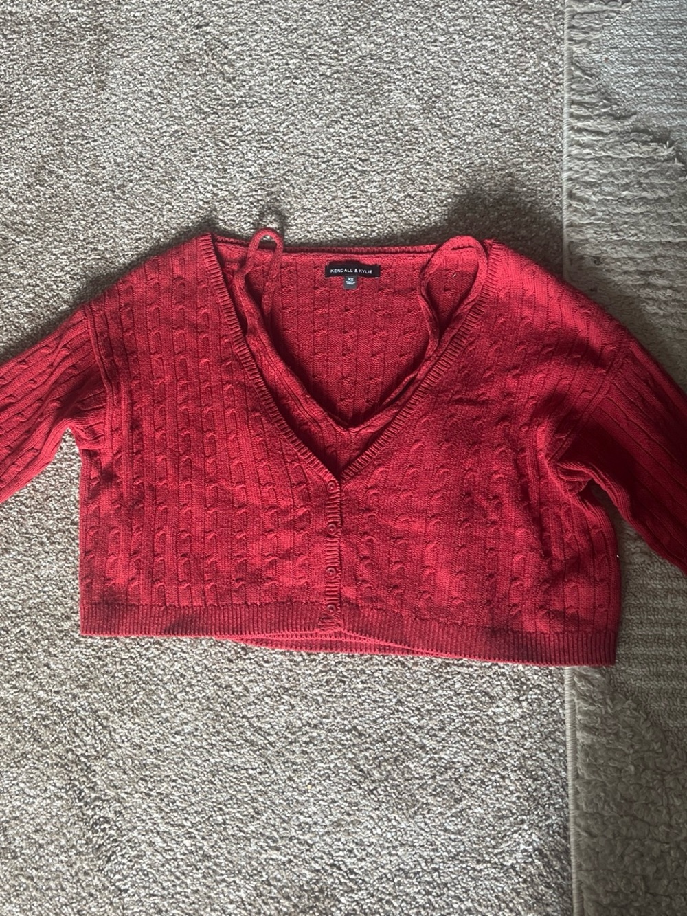 Kendall & Kylie Vibrant Red Cable-Knit V-Neck Button-Front Sweater